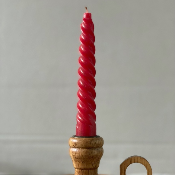 Vintage Wooden & Brass Candle Holder 5" & Twisted Red Candle 6" - Midcentury Mod - Picture 2 of 10